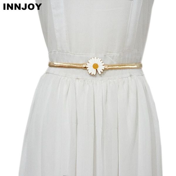 

belts women daisy flowers buckle belt metal cummerbund clasp front stretch waistband gold silver elastic waist chain, Black;brown