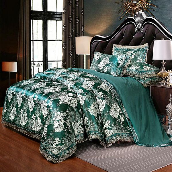 

bedding sets luxury european style jacquard silk set lace duvet cover bed sheet linen skirt pillowcases  king 3/4pcs