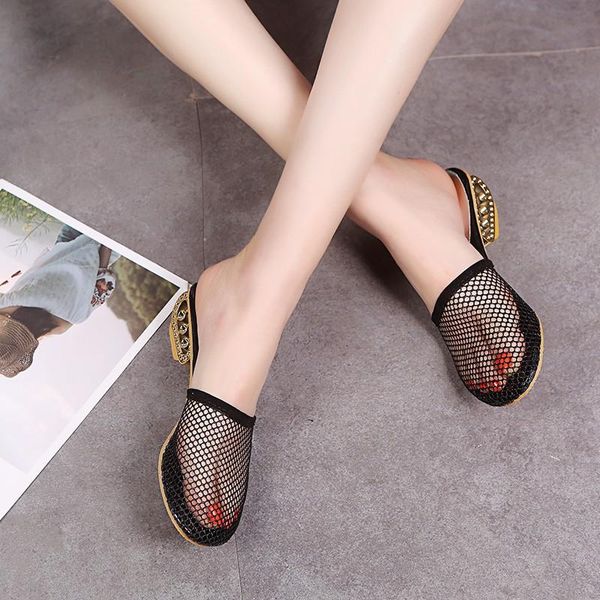 

new slippers women hollow mesh block heel 3cm summer shoes woman slip on fashion slipper sandals ladies slides shoes 2021, Black