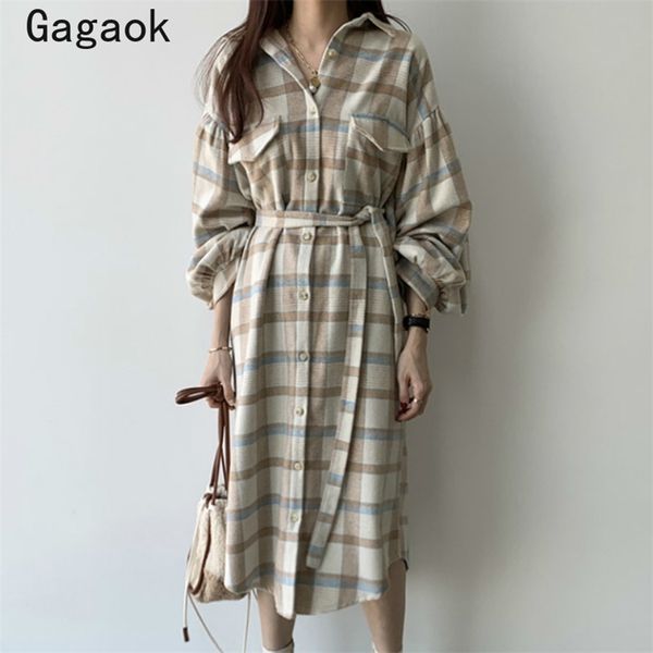 

women plaid dress spring autumn vintage full sashes knee-length a-line dresses korean fashion chic wild vestidos 210531, Black;gray