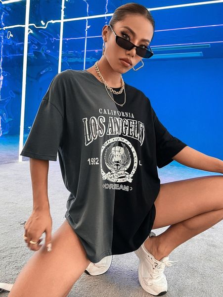 

letter and eagle print two tone drop shoulder tee i5fx#, White
