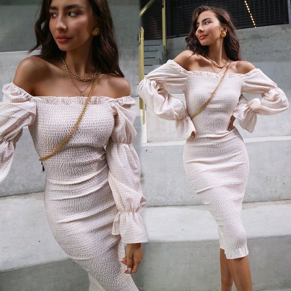 

2021 new women long lantern sleeve slash neck slim summer sun fashion autumn plaid striped print night club party 5kou, Black;gray