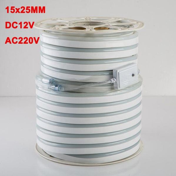 

strips 100m/lot led neon tube 15x25mm ac 220v dc12v 14w/m flexible dc 12v ip67 waterproof pink ice blue orange white red green