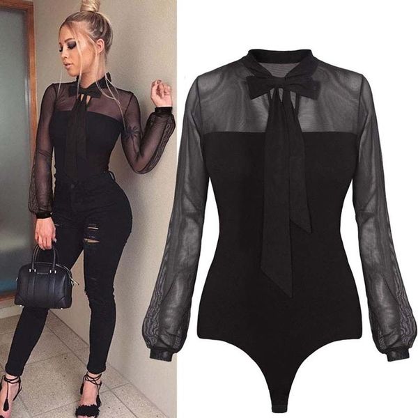 

women's jumpsuits & rompers summer bodysuit women bow mock neck patchwork long sleeve back ladies lace mesh transparent, Black;white