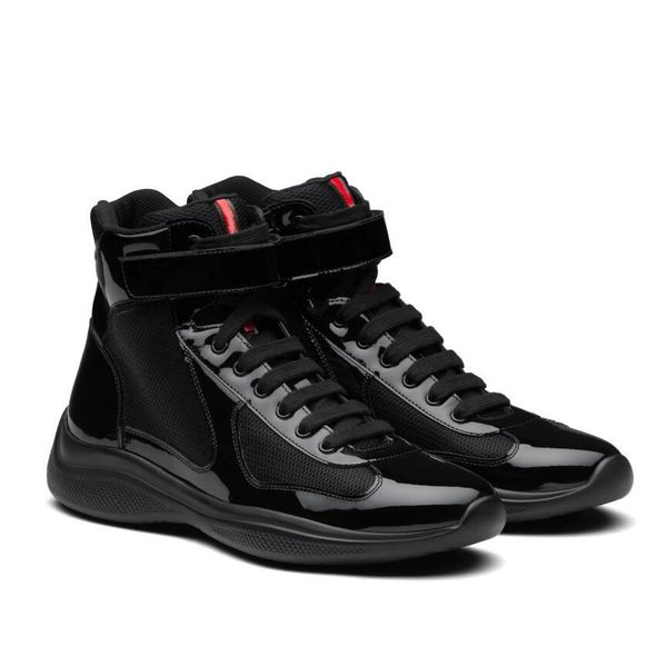 

perfect americas cup high-sneakers shoes men casual walking rubber sole men's sports mesh fabric patent leather outdoor trainers, Black