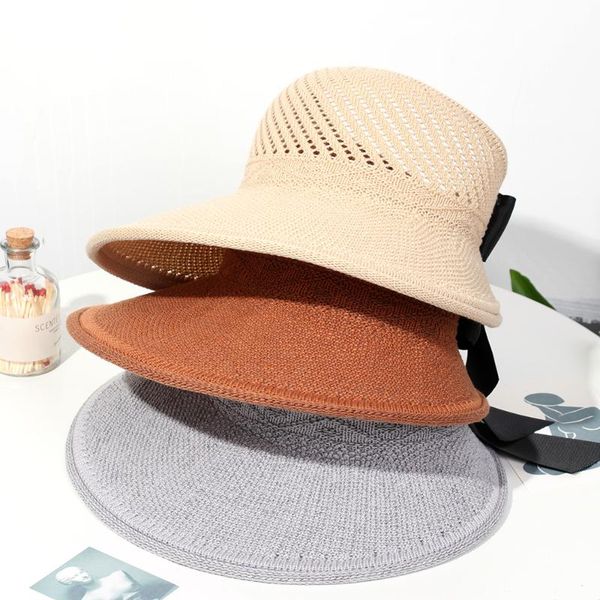 

wide brim hats 1pc women girls summer foldable bowknot beach sun hat portable casual straw cap uv protection visors, Blue;gray