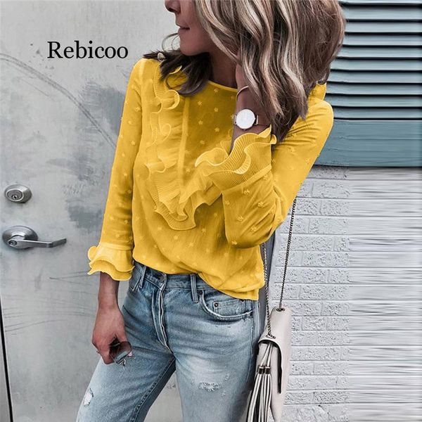 

women's blouses & shirts 2021 spring summer ruffles blouse women ladies casual lace polka dot o neck white shirt long sleeve blusas fe