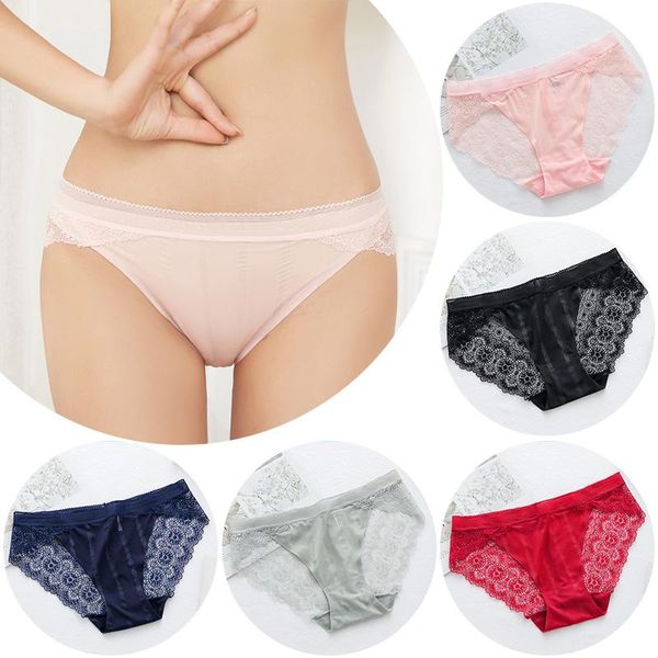 

lace hollow out panties women comfy cotton briefs female low waist solid seamless underwear soft elastic silk underpants, Black;pink