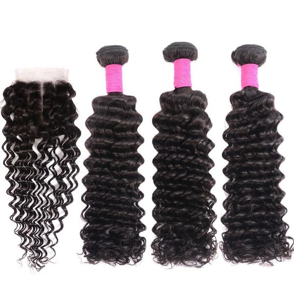 

human hair bulks megalook deep wave bundles with closure brazilian remy weave double weft transparent 4x4 lace, Black