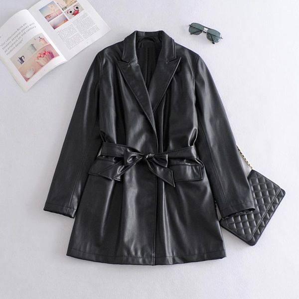 

women's leather & faux long pu blazers women jacket with belt coat brand jackets outerwear ladies coats female suit, Black