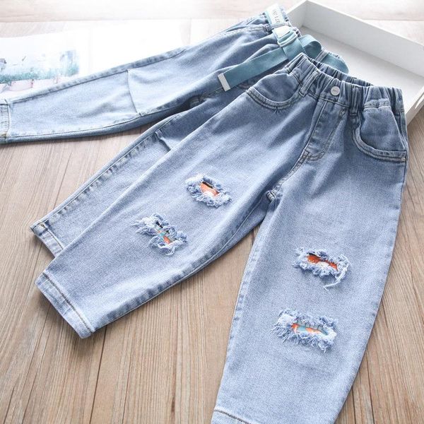 

2021 spring baby girls denim hole pants, Blue