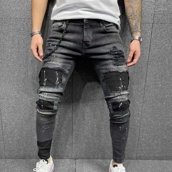 

men's jeans mens ripped patchwork skinny fashion male hole beggar denim trousers street hip-hop moto & biker cowboy clothing men, Blue
