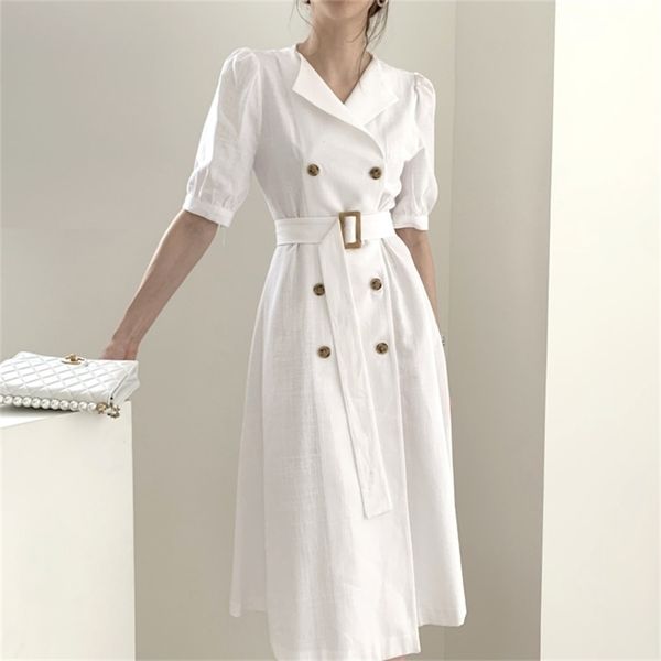 

korean women summer dress high waist casual double breasted puff sleeve lace up elegant long 210603, Black;gray
