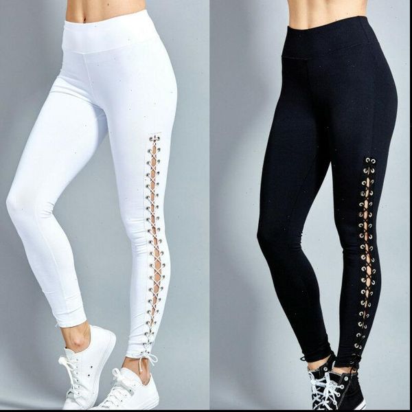 

2021 women leggings bandage slim spring lady sports pants high waist fitness running stretch trousers lot casual solid, Black