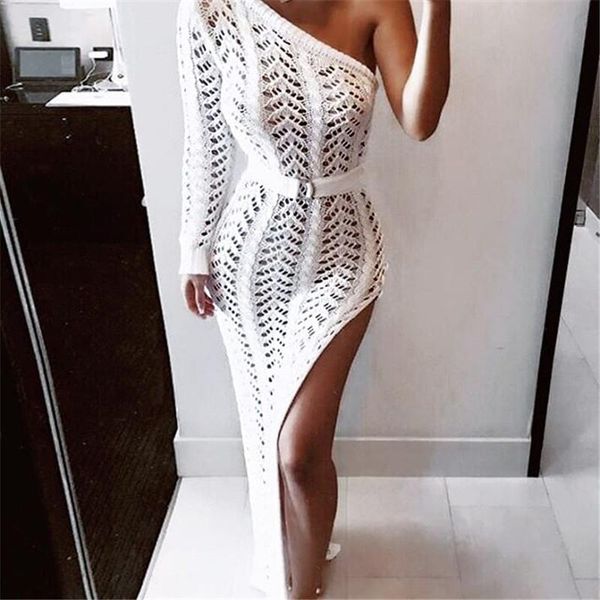 

casual dresses boho beach summer holiday vacation dress women mesh hollow out crochet lace sundress elegant one shoulder evening party, Black;gray