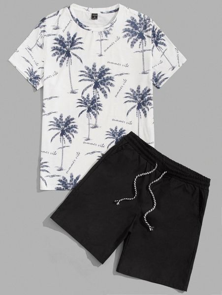 

men palm tree & letter graphic tee and drawstring waist shorts 287a#, Gray