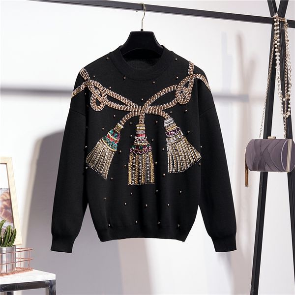 

fashion black tracksuit knitting outfits women 2pc handwork beading sweater pencil pants set loose knit suit female streetwear u04d, Blue
