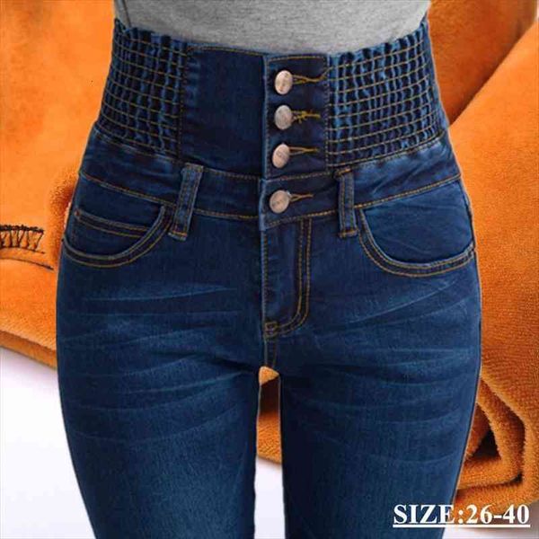 

womens winter thick plus velvet fleece warm female high waist skinny trousers stretch denim pencil pants plus size 40, Blue