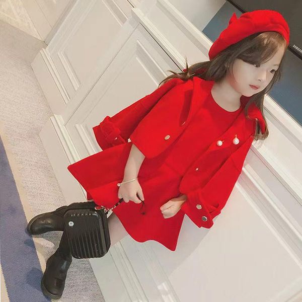 Conjuntos de roupas meninas roupas vestido + casaco crianças adolescentes outwear 2021 vermelho engrossar quente inverno outono algodão de lã de lã crianças