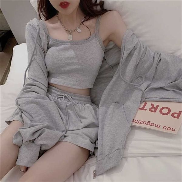 

loungewear summer sleepwear set women 3 pieces fashion solid cotton pyjama nightgown suits with shorts comfortable soft roomware 211111, Black;red