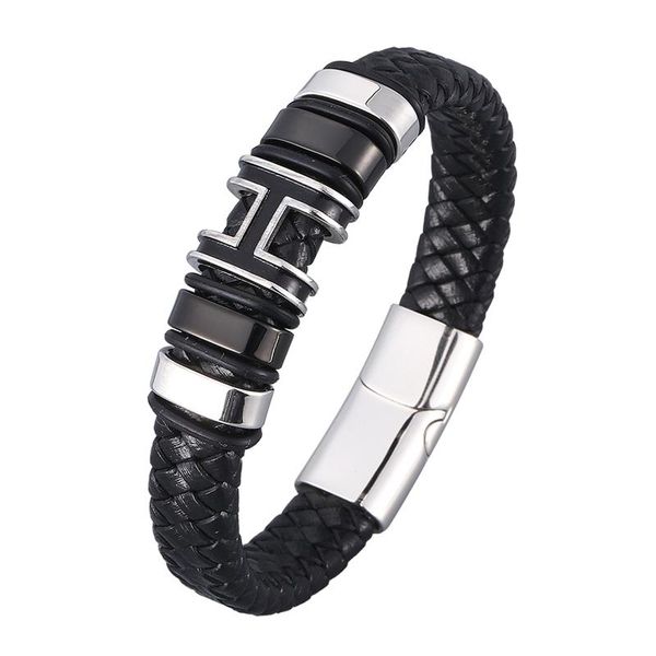 

charm bracelets genuine braided leather bracelet for men stainless steel magnet clasp h woven bangle trendy male wristband jewelry sp0977, Golden;silver
