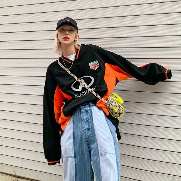 

men's t-shirts long sleeve 2021 early autumn color contrast stitching fashion brand loose print v-neck tees, White;black