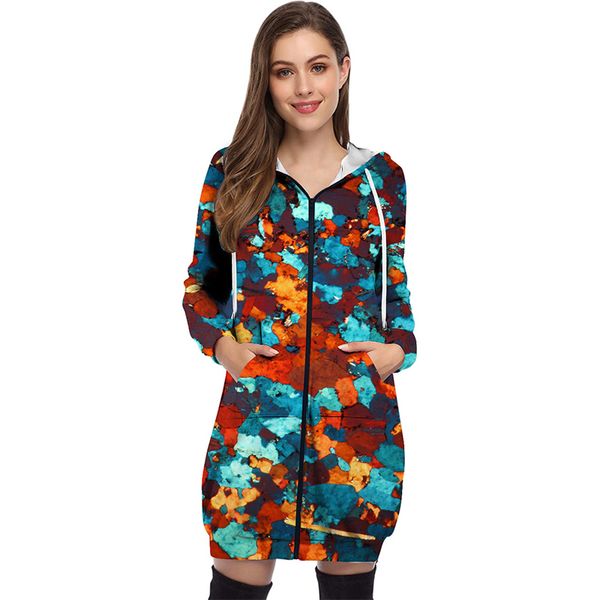 

lazy autumn and winter loose print street hipster hooded zipper cardigan mid-length coat sweater women, Tan;black