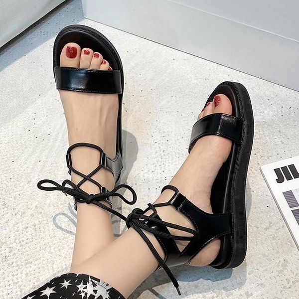 

sandals summer vogue rome ankle-warp gladiator women cross-tied platform wedge beach outdoor casual vacation shoes ladies nice, Black