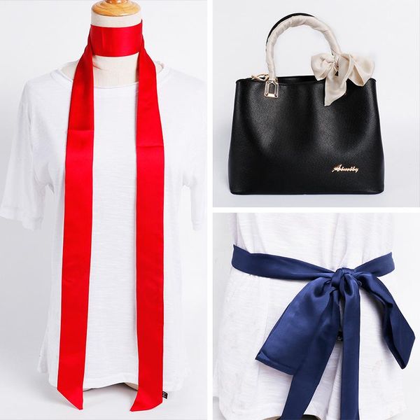 

scarves 2pcs/lot 5*200cm satin band long multifuction silky neck girls solid hendband headwrap hair accessoires wj-11b, Blue;gray