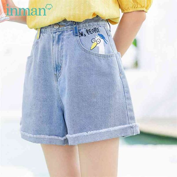 

inman summer graphic high waist pantacourt kawaii duck print cotton material vitality fashion loose shorts demin jeans 210708, Blue