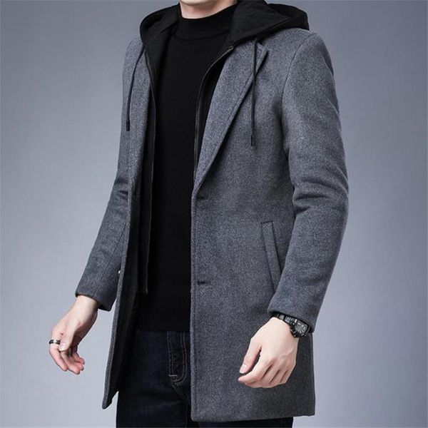 

men's wool & blends hooded jacket winter autumn mens long windproof coat casual thick slim fit male, Black