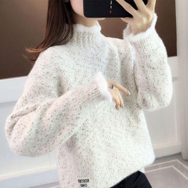 

women's sweaters cmaz student knitwear mock neck sweater female 2021 autumn and winter pullover chenille loose bottoming top, White;black