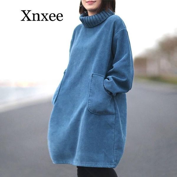 

casual dresses solid color corduroy thick women winter elegant long plus size ladies female loose vintage turtleneck dress, Black;gray