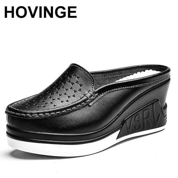 

hovingesummer genuine leather women wedges slippers cut-outs wedge heel sandals shoes woman thick bottom white ladies high heels, Black