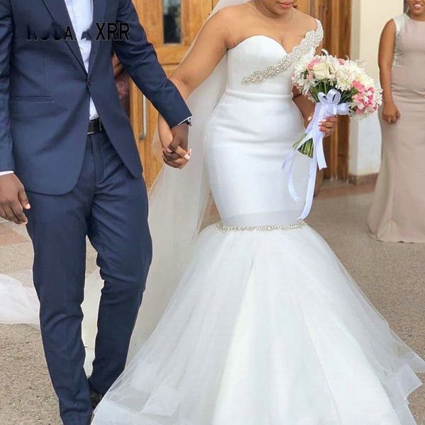 

new elegant mermaid wedding es 2021 bridal gown african o neck illusion back beading crystal plus size robe de mariee 4ymy, White