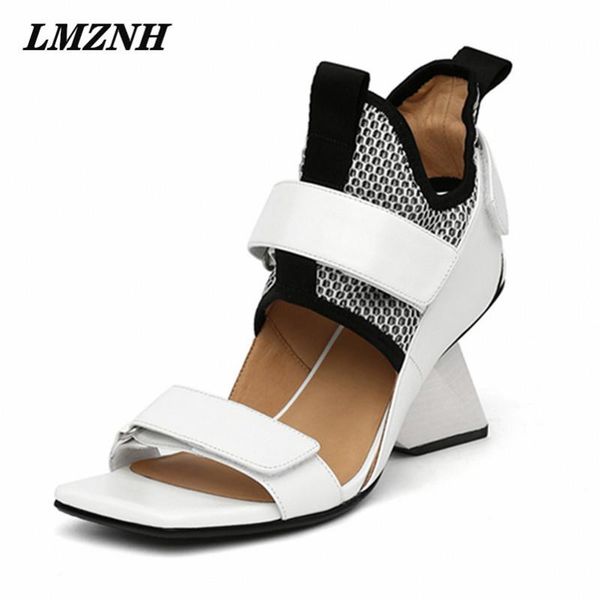 

sandals occident personality woman 2021 leather mesh strange heels rome comfortable summer brand designer shoes, Black