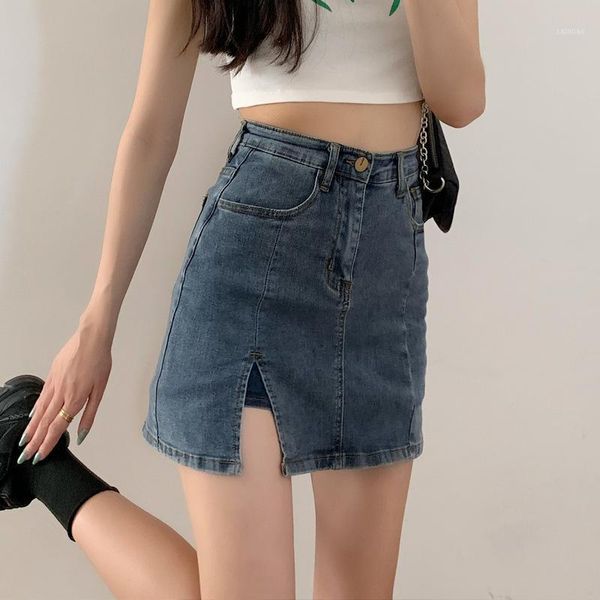 

skirts summer split denim woman skirt korean high waist thin elastic versatile hip anti light proof for women, Black