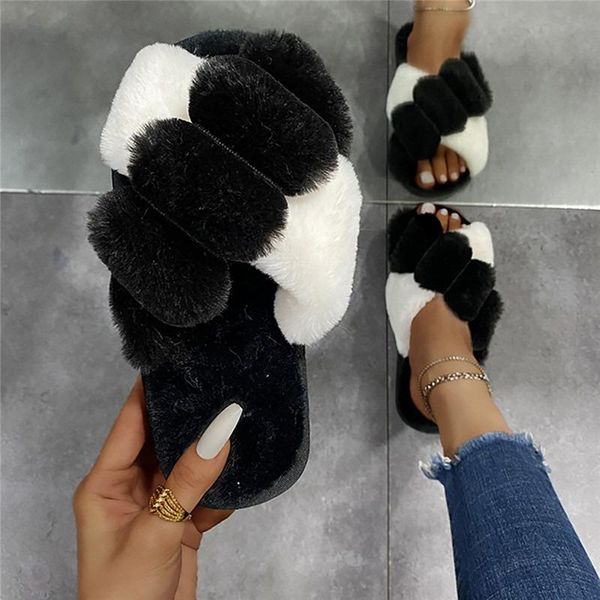 

slippers warm fluffy women faux fur cross indoor floor slides flat soft furry shoes ladies female non slip house whosale, Black