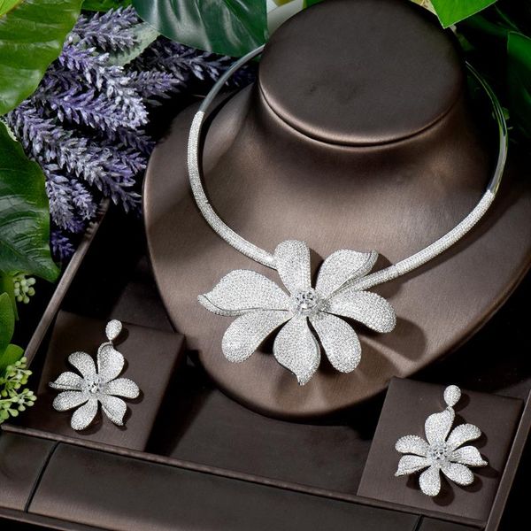 

earrings & necklace hibride big charm flower women ladies jewelry set white gold color earring full cubic zirconia n-1696, Silver