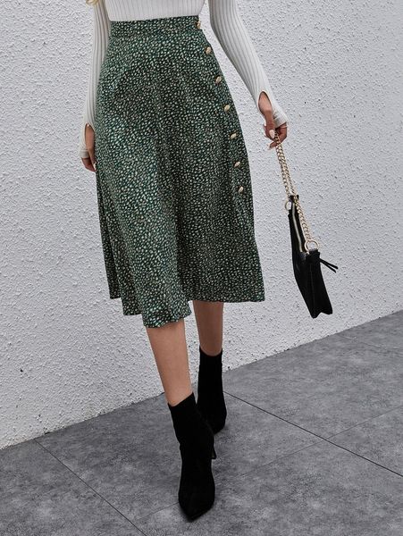 

allover print button detail skirt i5mn#, Black