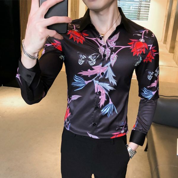 

2021 floral shirts fine fit male streetwear long sleeve casual social business party shirt men's clothes dlkg, White;black