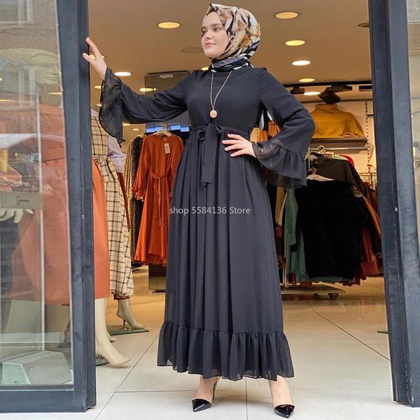 

casual dresses fresh bell sleeve chiffon long dress elegant solid muslim women's o neck empire pleated swing maxi, Black;gray
