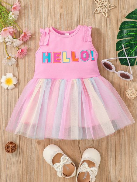

baby letter graphic frill trim mesh overlay dress she, Red;yellow