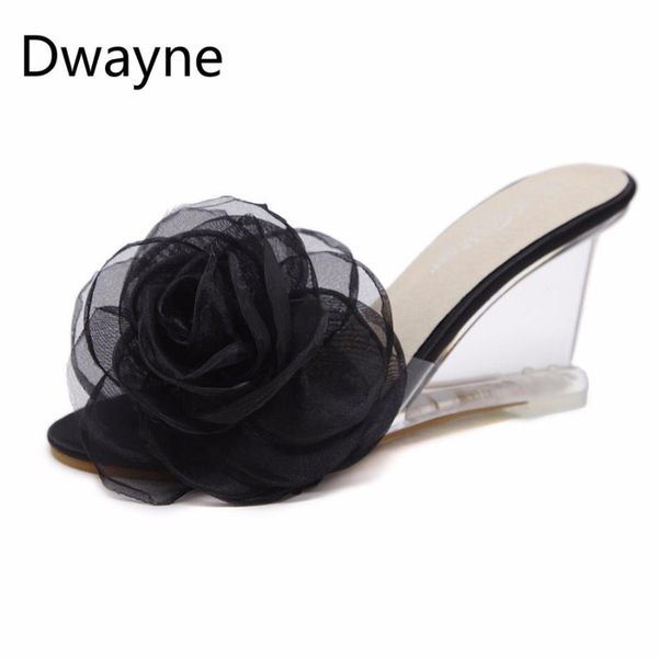 

slippers dwayne 2021 style women crystal transparent high-heeled sandals flower, Black