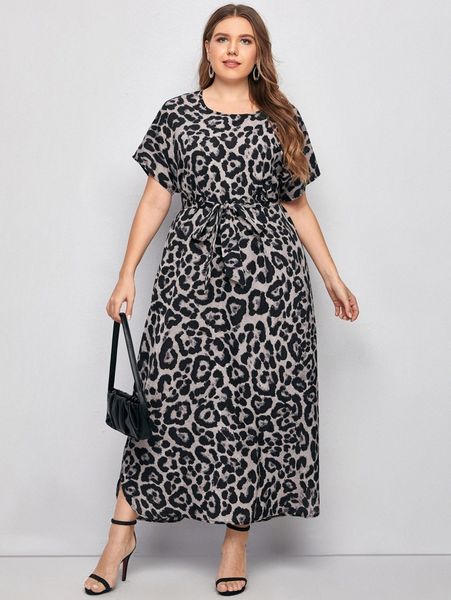 

plus curved hem belted leopard dress x0wy#, Black
