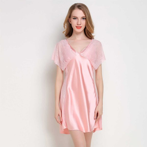 

sleepwear summer simulation silk night female v-ne short sleeve thin home suspender skirt, Black;red