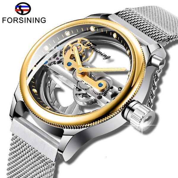 

brand luxury forsining transparent open work steel mesh band clock fashion skeleton automatic men's, Slivery;brown