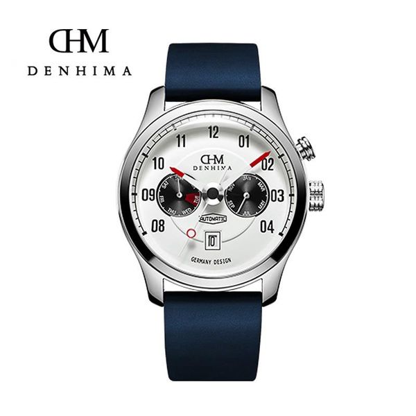 

wristwatches denhima locomotive series mens mechanical wristwatch 2 dial calendar multifunction military automatic watches sport colck, Slivery;brown