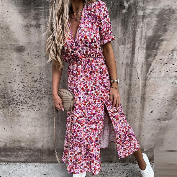 

boho floral summer casual womens dress flower printed v neck half sleeve dresses ladies party high waist long, Black;gray