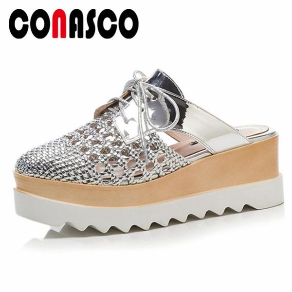 

dress shoes conasco summer sandals genuine leather platforms wedges heels rome style casual woman lace up est pumps 2021, Black